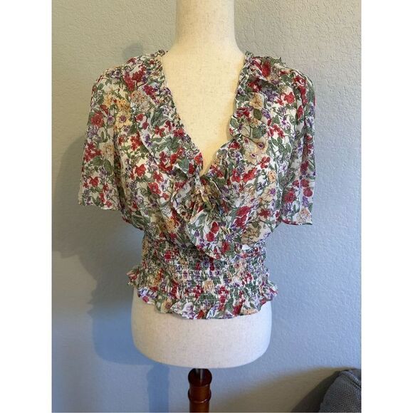 Astr The Label Floral Smocked Ruffle Sleeve Blouse - Size Medium - Picture 1 of 7